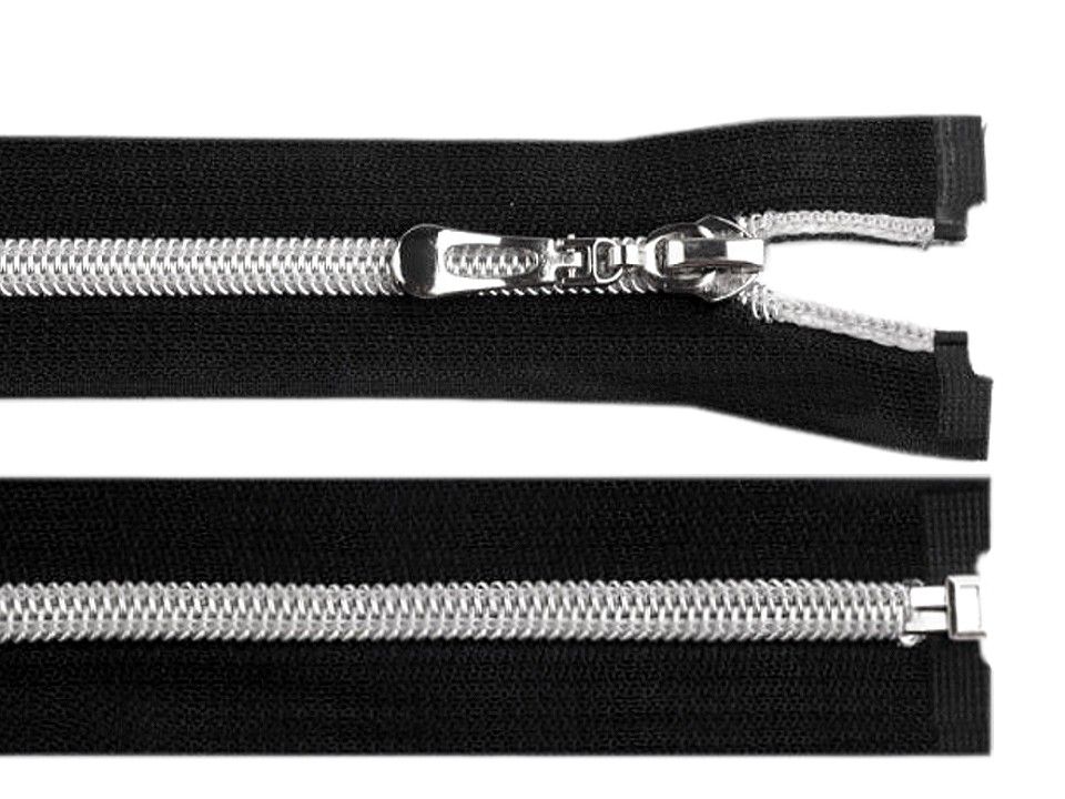 Zip spirálový černý se stříbrnými zoubky - 50 cm