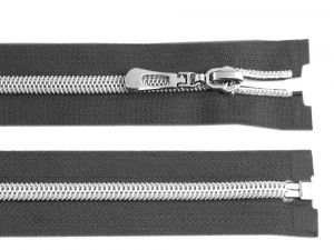 Zip spirálový tm. šedý se stříbrnými zoubky - 50 cm