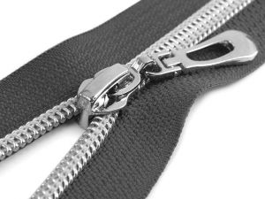 Zip spirálový tm. šedý se stříbrnými zoubky - 50 cm