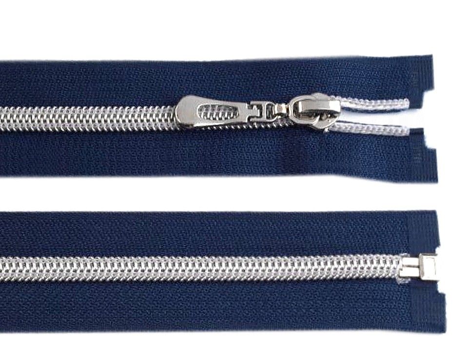 Zip spirálový tm. modrý se stříbrnými zoubky - 50 cm