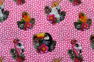 Popelín bavlněný růžový Ptáčci 145 cm s bílými puntíky