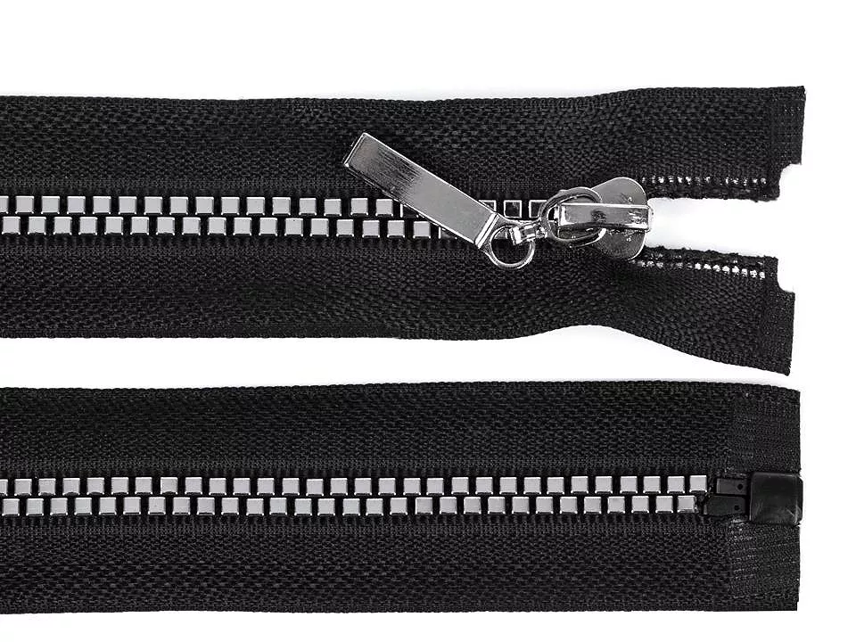 Zip kostěný šíře 5 mm délka 80 cm čtvercové zuby - černá-stříbrná