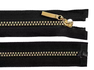 Zip kostěný šíře 5 mm délka 80 cm čtvercové zuby - černá-zlatá