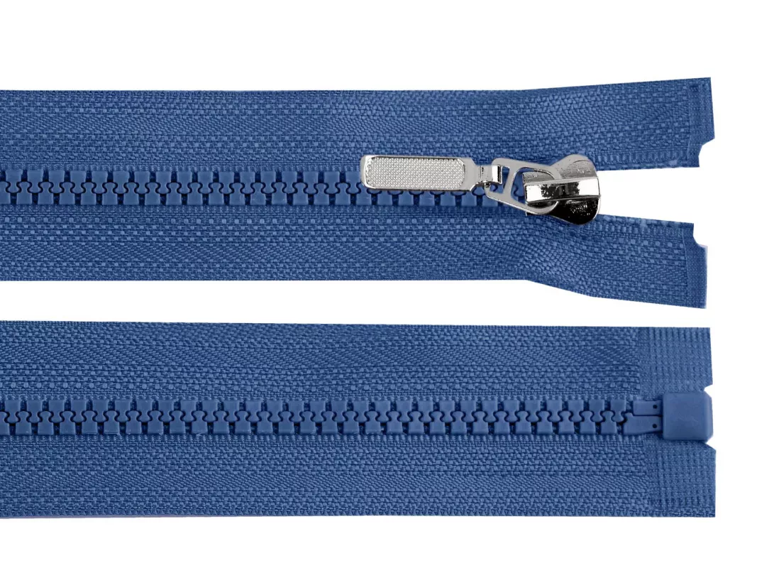 Zip kostěný No5 délka 70 cm s ozdobným jezdcem - modrá tmavá jeans