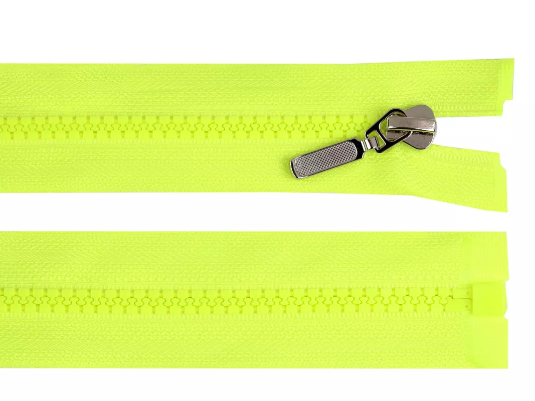 Zip kostěný No5 délka 70 cm s ozdobným jezdcem - žlutá neon