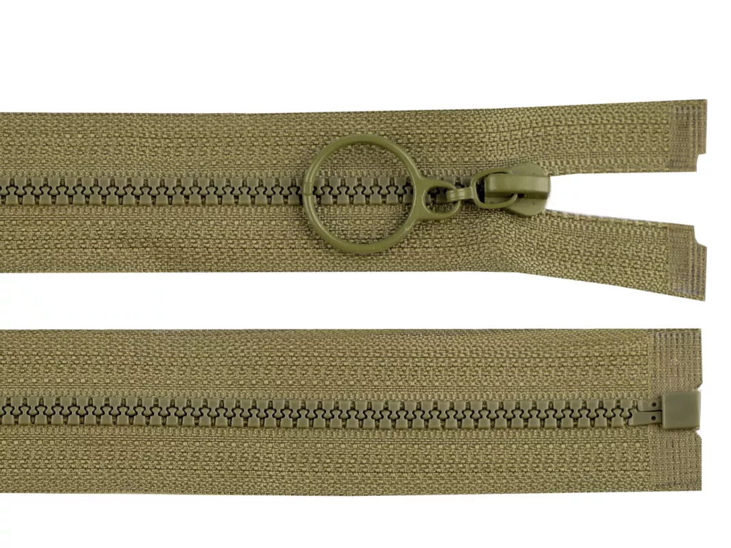 Zip kostěný No3 délka 60 cm s kroužkem - zelená khaki