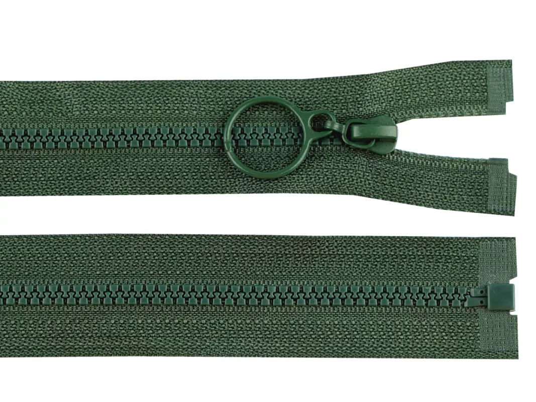 Zip kostěný No3 délka 60 cm s kroužkem - zelená smrková