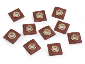 Průchodka s broušenými kamínky s koženkovým čtverečkem k našití, průvlek 8 mm - hnědá