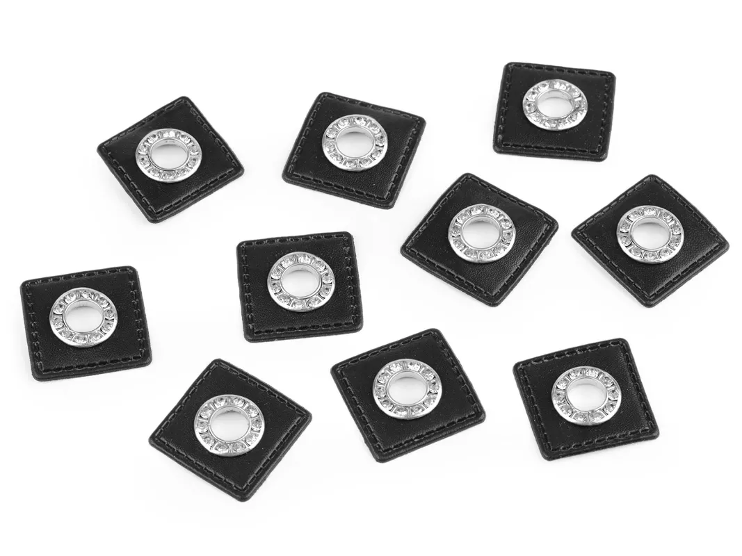 Průchodka s broušenými kamínky s koženkovým čtverečkem k našití, průvlek 8 mm - černá