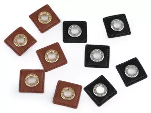 Průchodka s broušenými kamínky s koženkovým čtverečkem k našití, průvlek 8 mm - 2 barvy